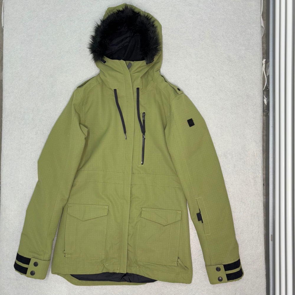 Ride Snowboard Jacket Womens XS Green Strata‎ 10 Hooded Faux Fur Ski Coat
